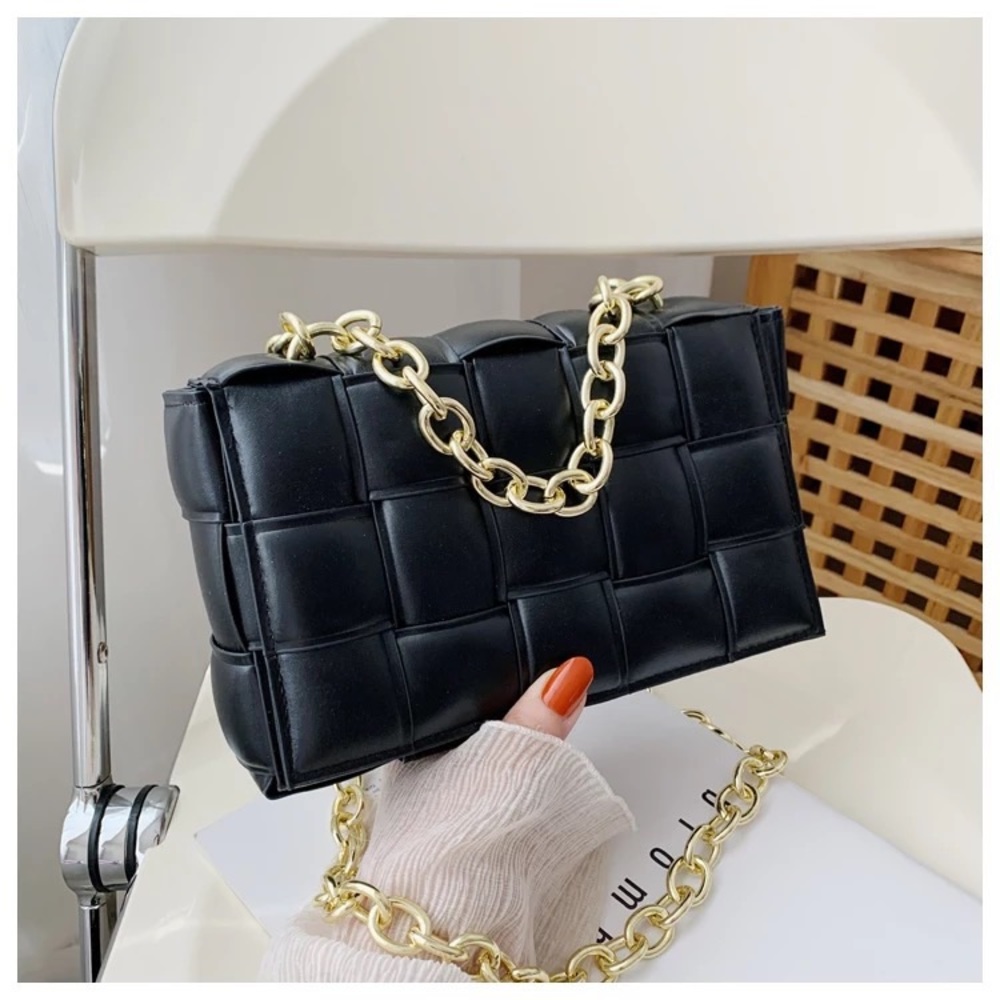 Black Woven Handbag with Gold Chain